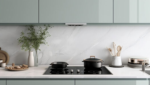 Clean black space white marble kitchen counter sage. Generative AI Clean black space white marble kitchen counter sage. Generative AI