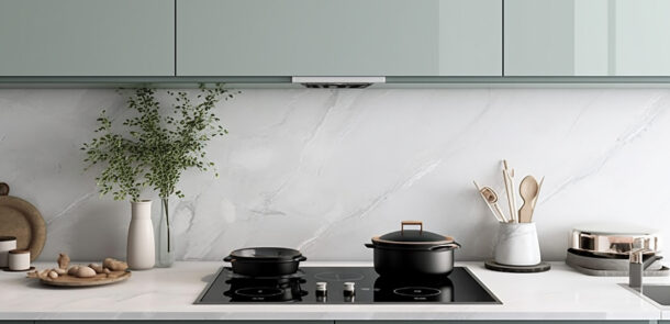 Clean black space white marble kitchen counter sage. Generative AI Clean black space white marble kitchen counter sage. Generative AI