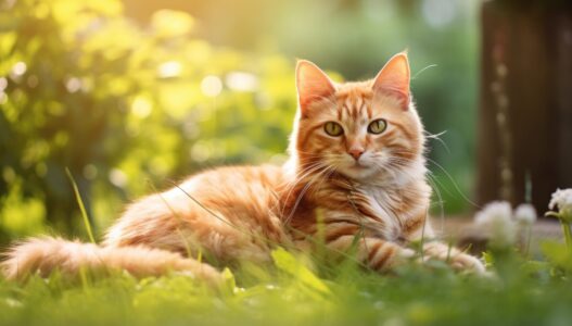 Brown cat lounging in garden with close up and selective focus