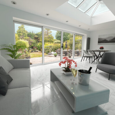 Beautiful garden and patio in summer seen from stylish designer