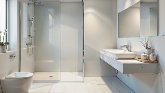 A large modern bathroom with glass shower screen, sink and a large window. A large modern bathroom with glass shower screen, sink and a large window.