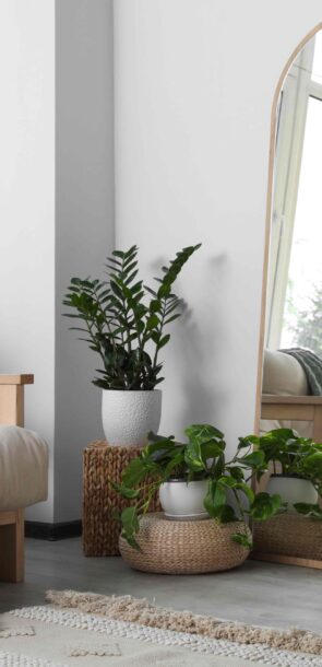 Beautiful room interior with leaning floor mirror Beautiful room interior with leaning floor mirror