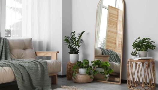 Beautiful room interior with leaning floor mirror Beautiful room interior with leaning floor mirror